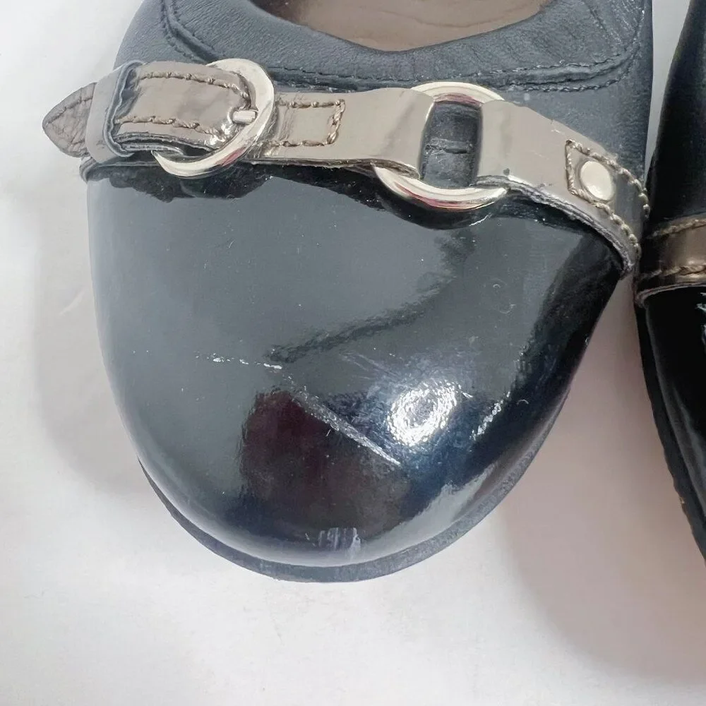 AGL Monika Cap Toe Ballet Flat Black Leather Bronze Buckle Women's Size 9.5
